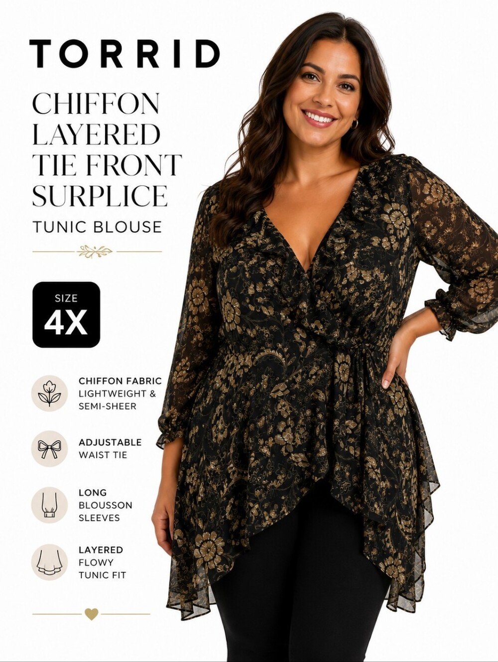 Torrid Chiffon Layered Tie Front Surplice Tunic Blouse Size 4X